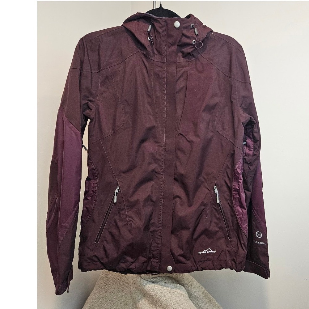 Eddie Bauer WeatherEdge 365 Womens Small Burgundy Waterproof Hooded Rain Jacket